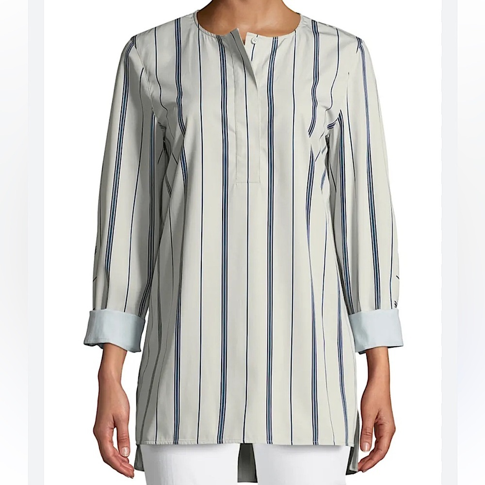 Lafayette 148 Tilly Sonoran Striped Blouse Coastal 100% Cotton